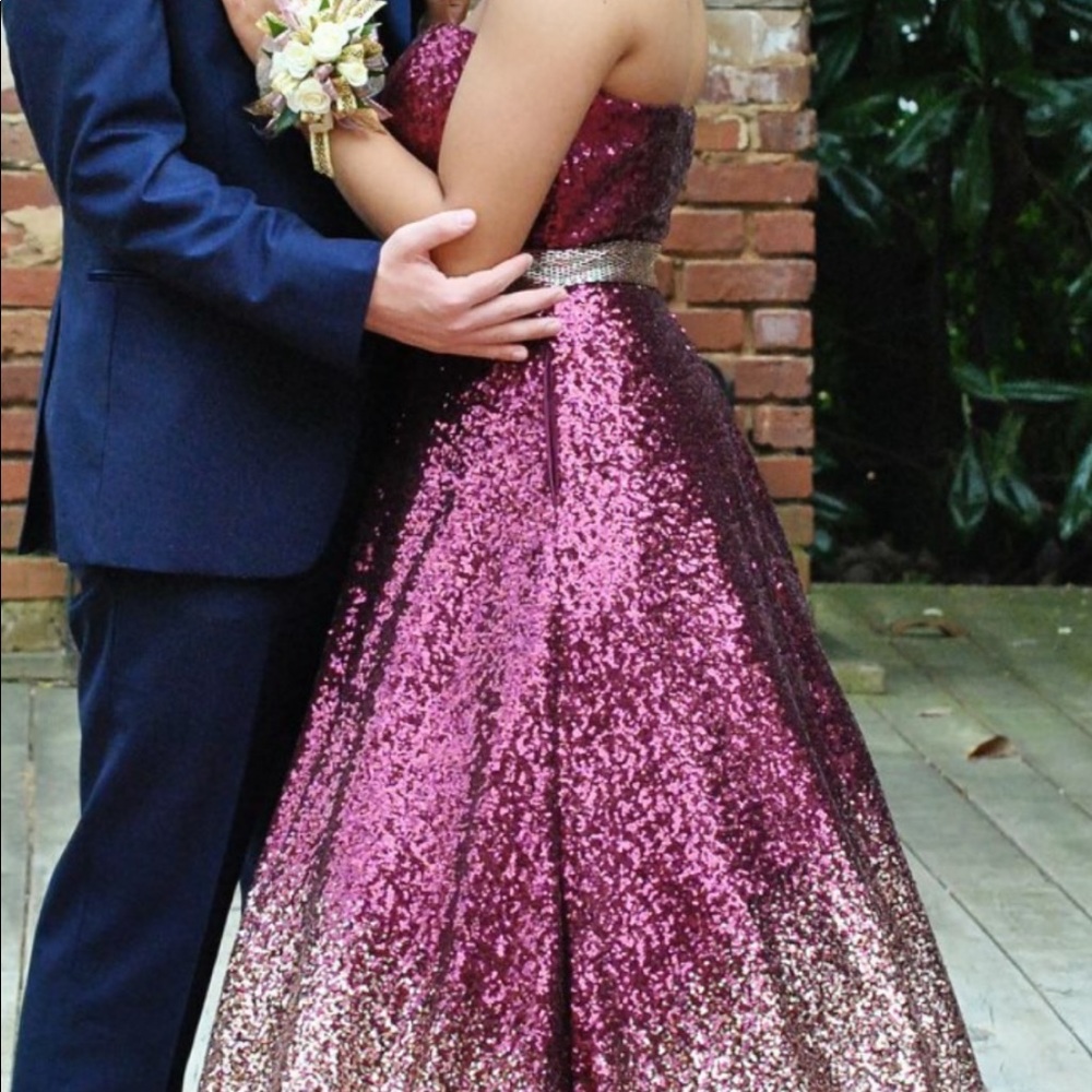 Burgundy/Gold Glitter Sequin Prom Dress